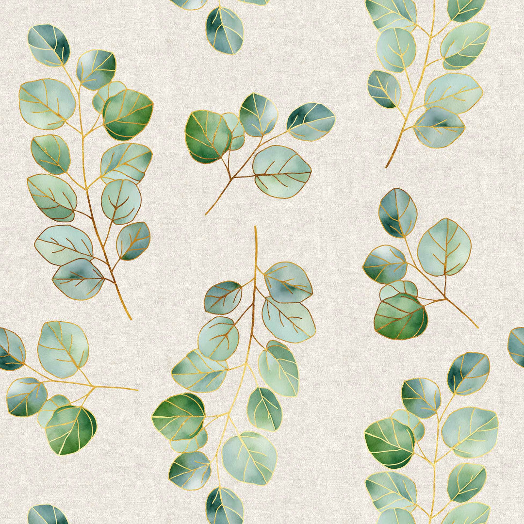 Textilia Glitter Eucalyptus – Voksduk i linlook med gulleffekt, mønster