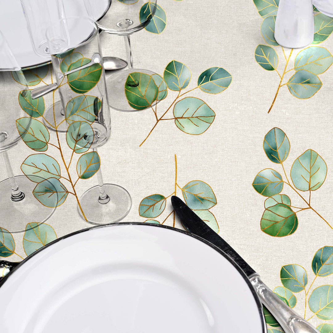 Textilia Glitter Eucalyptus – Voksduk i linlook med gulleffekt, nærbilde