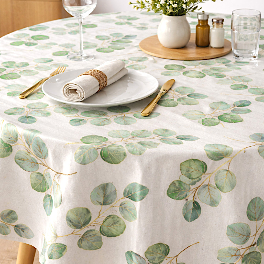 Textilia Glitter Eucalyptus – Voksduk i linlook med gulleffekt, rund