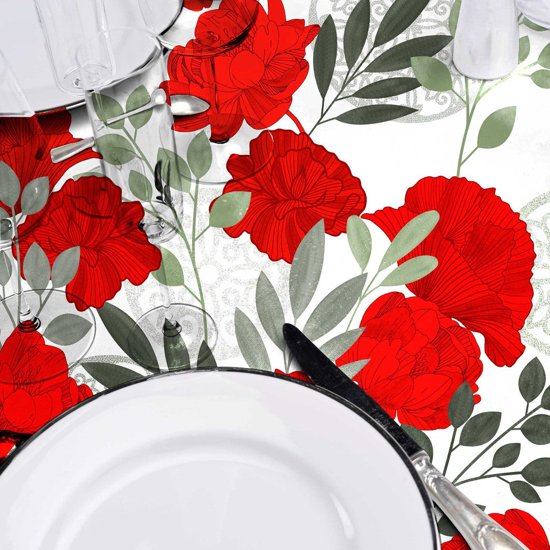 Textilia Occitanie - Vakker voksduk med røde blomster nærbilde