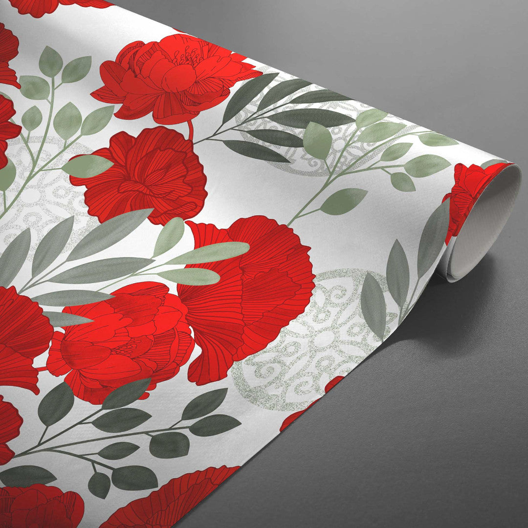 Textilia Occitanie - Vakker voksduk med røde blomster rullet