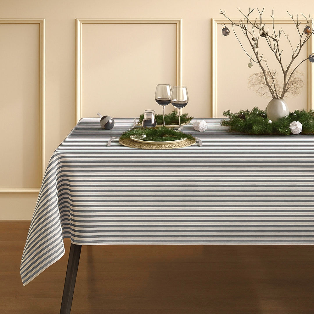 Akrylduk i hørlook med striper i grått