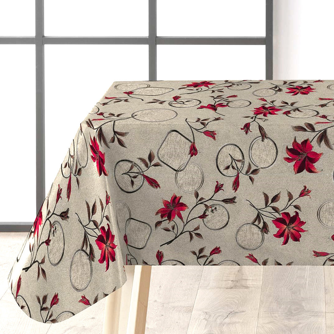 Altea Metallic Red voksduk med gyllen bunn og røde blomster