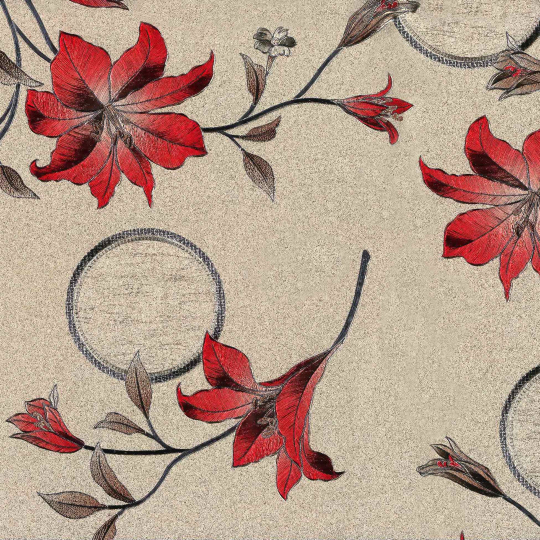 Nærbilde av Altea Metallic Red voksduk med røde julestjerner