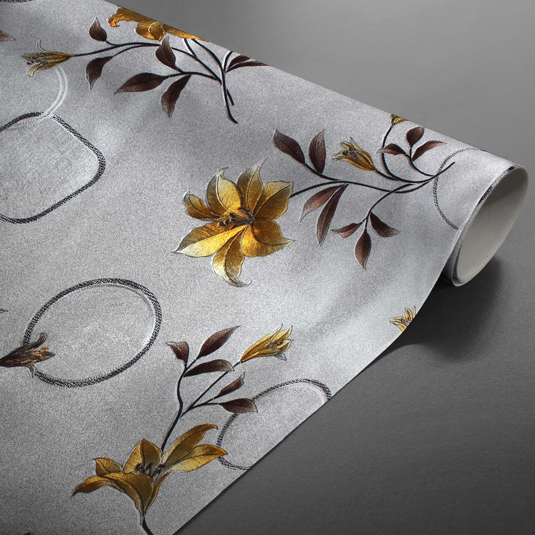 Rullet Altea Metallic Yellow voksduk med sølv og gyldne blomster