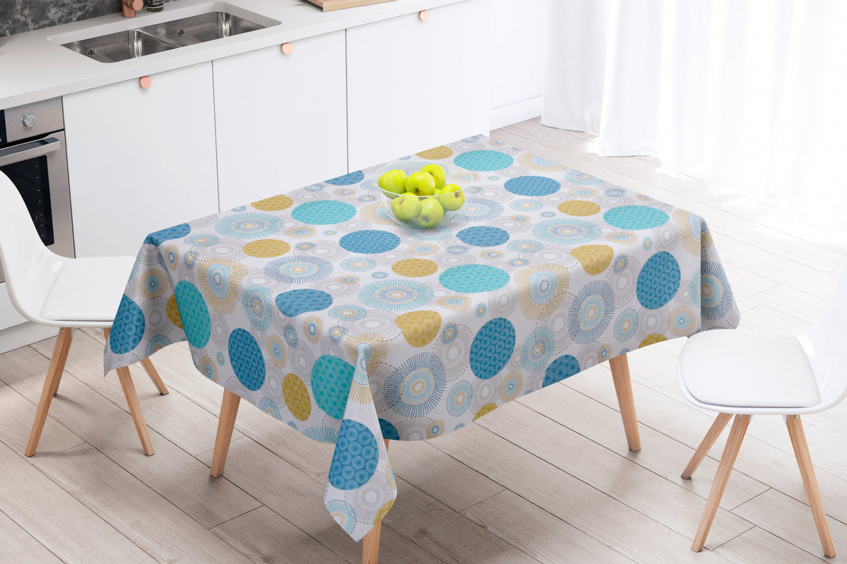 Alvares Blå - Akrylduk med flotte sirkelmotiver - 150 cm bred