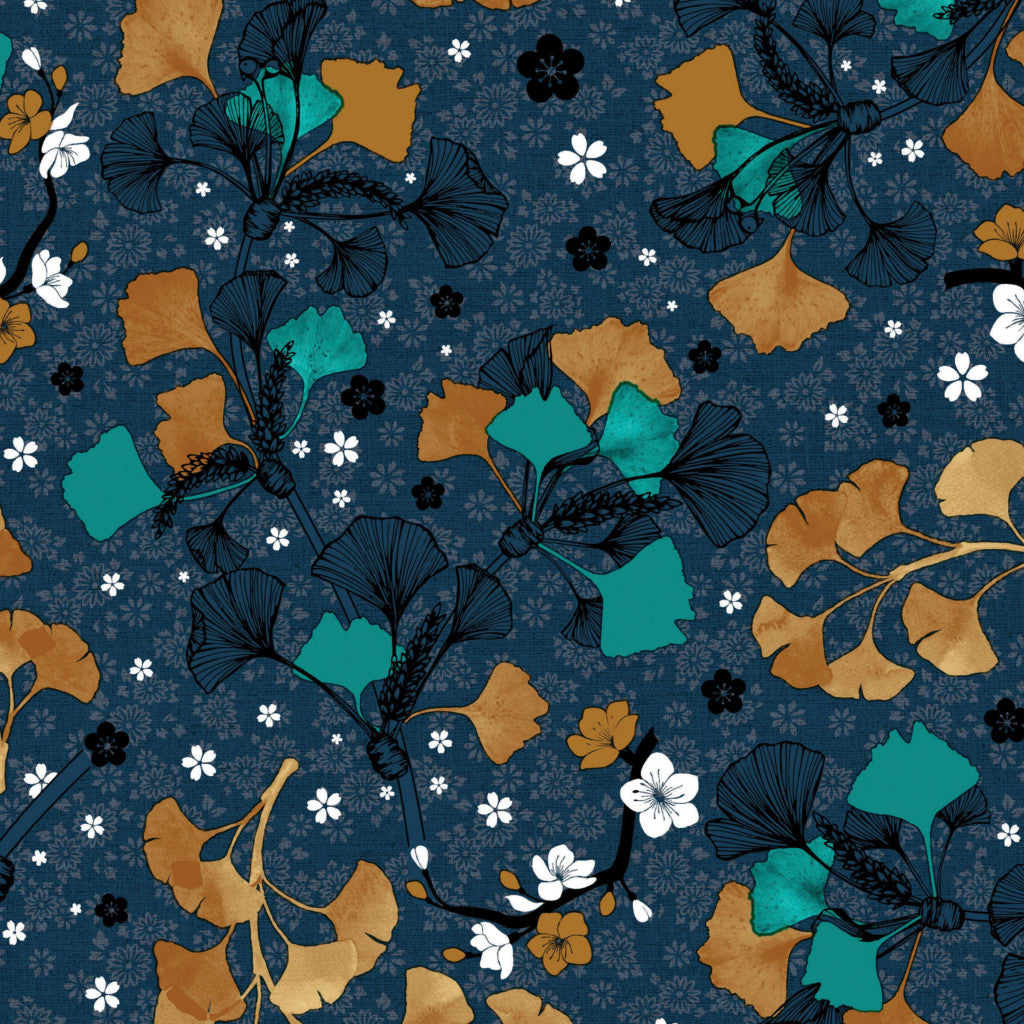 Autumn Gingko Biloba – mørk gråblå voksduk med blomster og blader