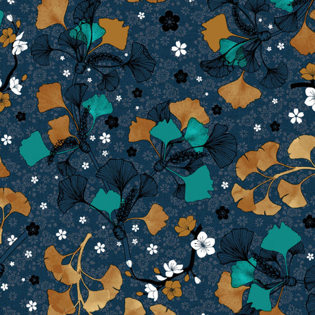 Autumn Gingko Biloba – mørk gråblå voksduk med blomster og blader