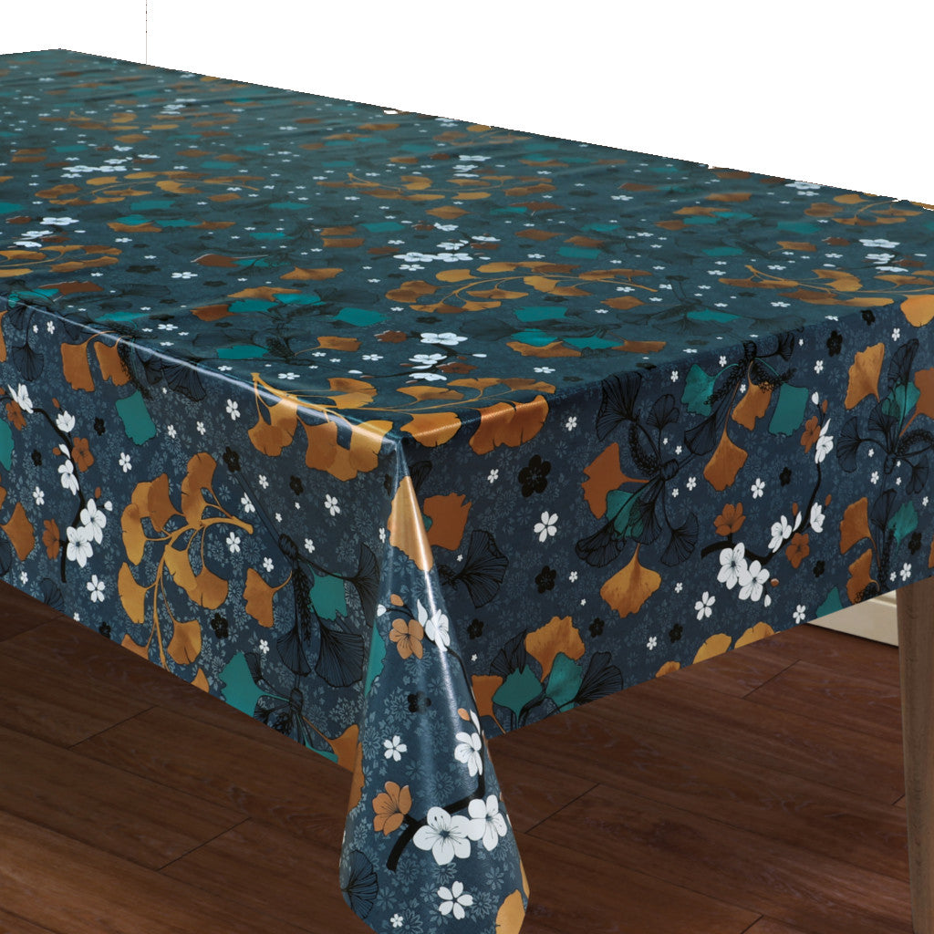 Autumn Gingko Biloba – mørk gråblå voksduk med blomster og blader