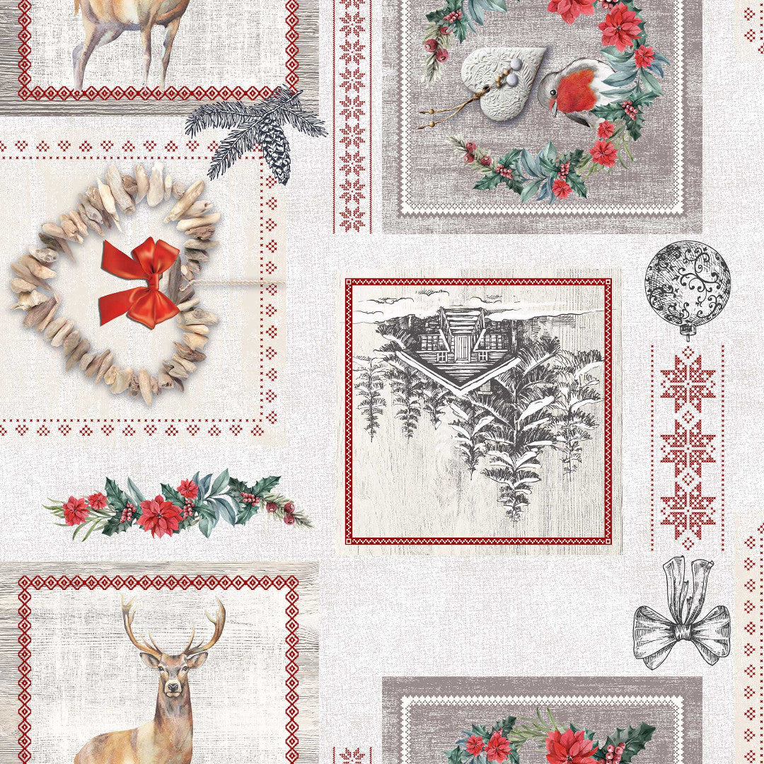 Avoriaz – Nærbilde, julevoksduk med grantrær og hjorter