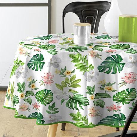 Baleares - Rund voksduk med blomster og blader, Ø 155 cm