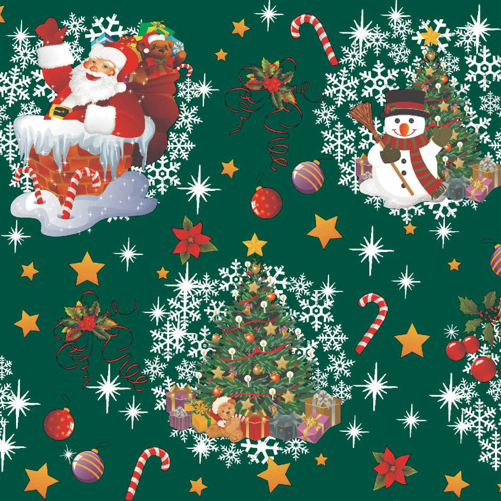 Bamses Jul Mørk Grønn - Julevoksduk med Bamse, Julenissen og Snømannen