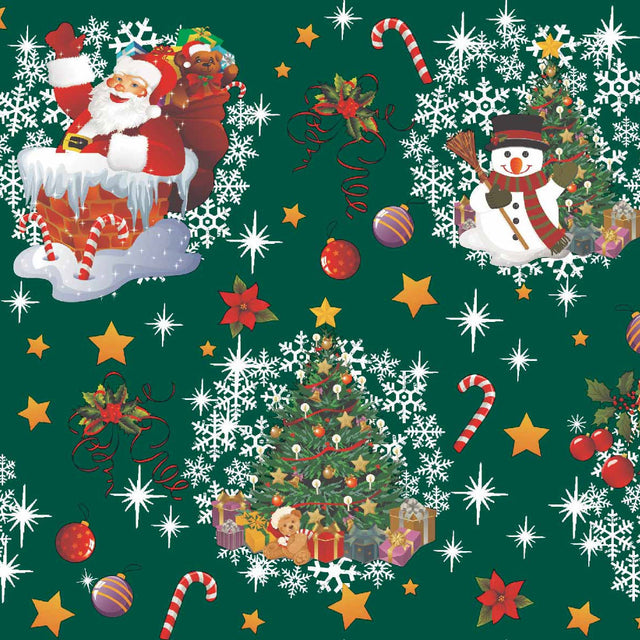 Bamses Jul Mørk Grønn - Julevoksduk med Bamse, Julenissen og Snømannen