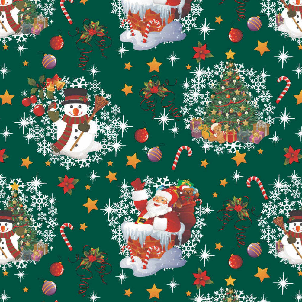 Bamses Jul Mørk Grønn - Julevoksduk med Bamse, Julenissen og Snømannen