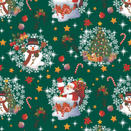 Bamses Jul Mørk Grønn - Julevoksduk med Bamse, Julenissen og Snømannen