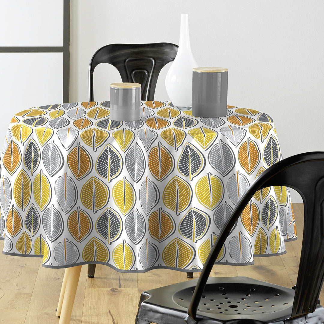 Barbade Grey – Rund voksduk med blader, Ø 155 cm