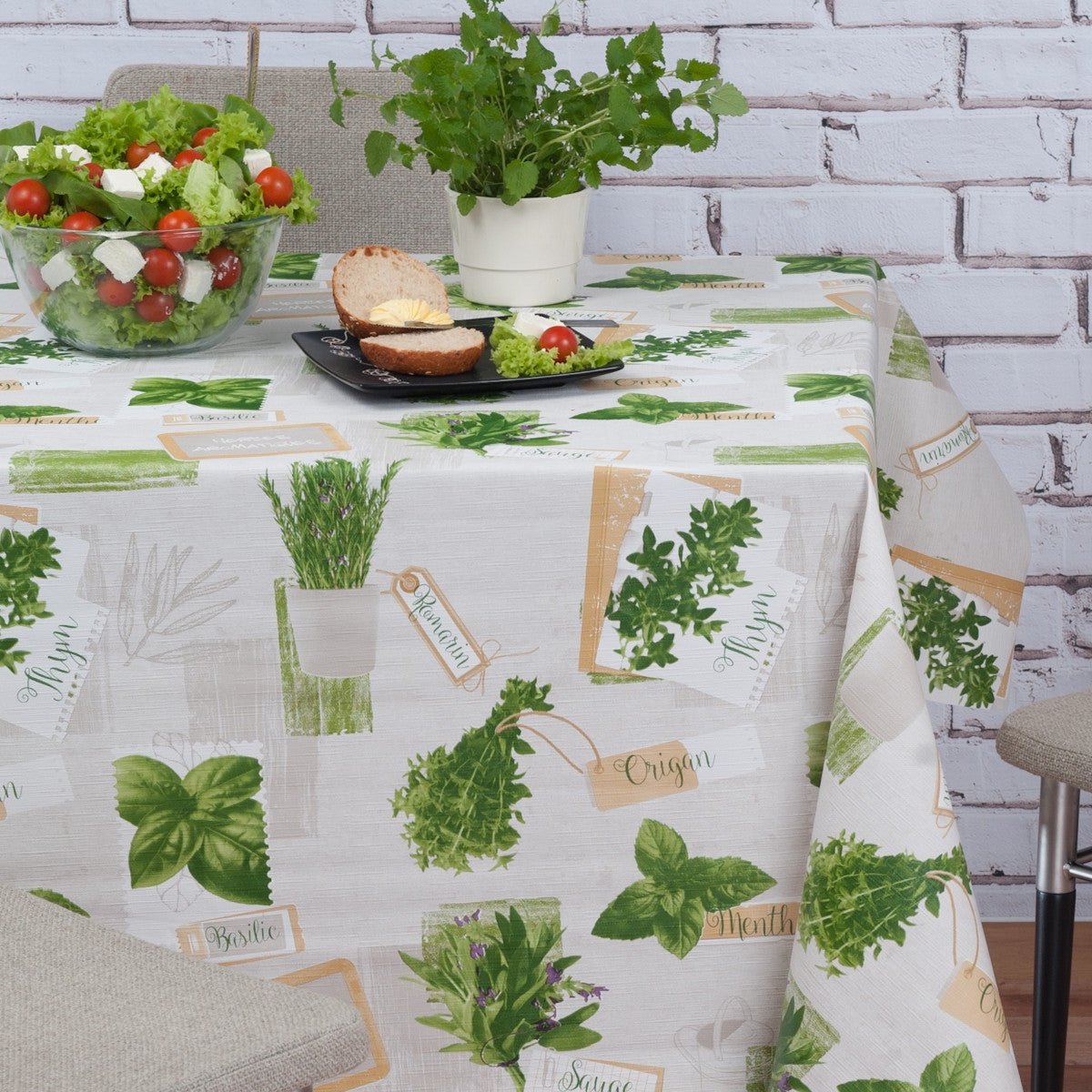 Basilikum lys grå voksduk med krydderurter og lett preget overflate