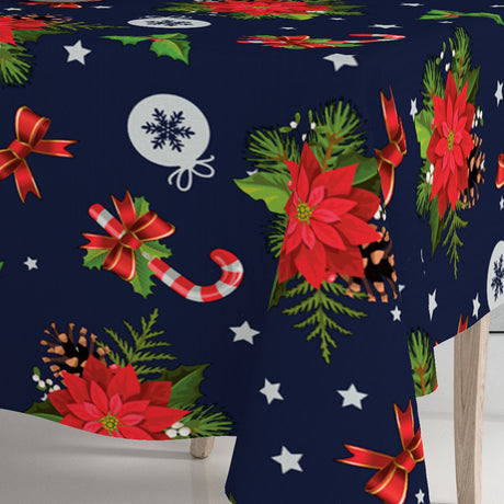 Nærbilde av hjørne på Blå Vinterfest voksduk med julemotiver