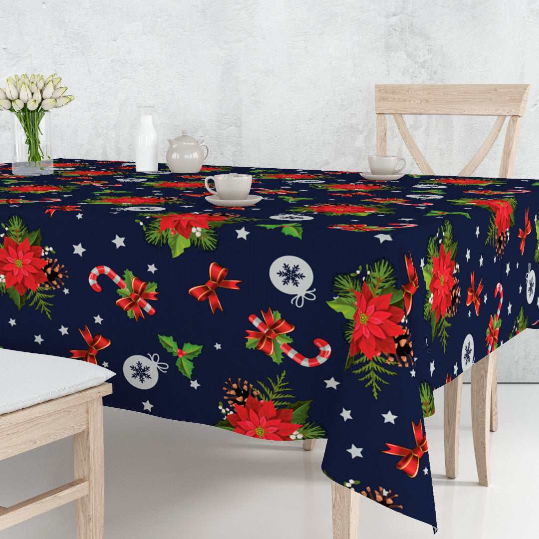 Blå Vinterfest – voksduk på bord med julestjerner