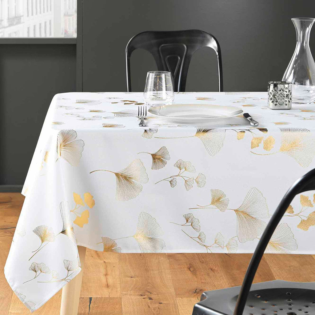 Bloomy Metallic Print – White/Gold – Juleduk med flekkavvisende behandling, 150 x 300 cm