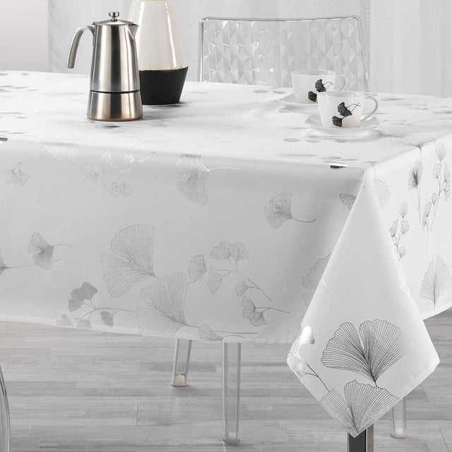 Bloomy Metallic Print – White/Silver – Duk med flekkavvisende behandling – 150 x 300 cm