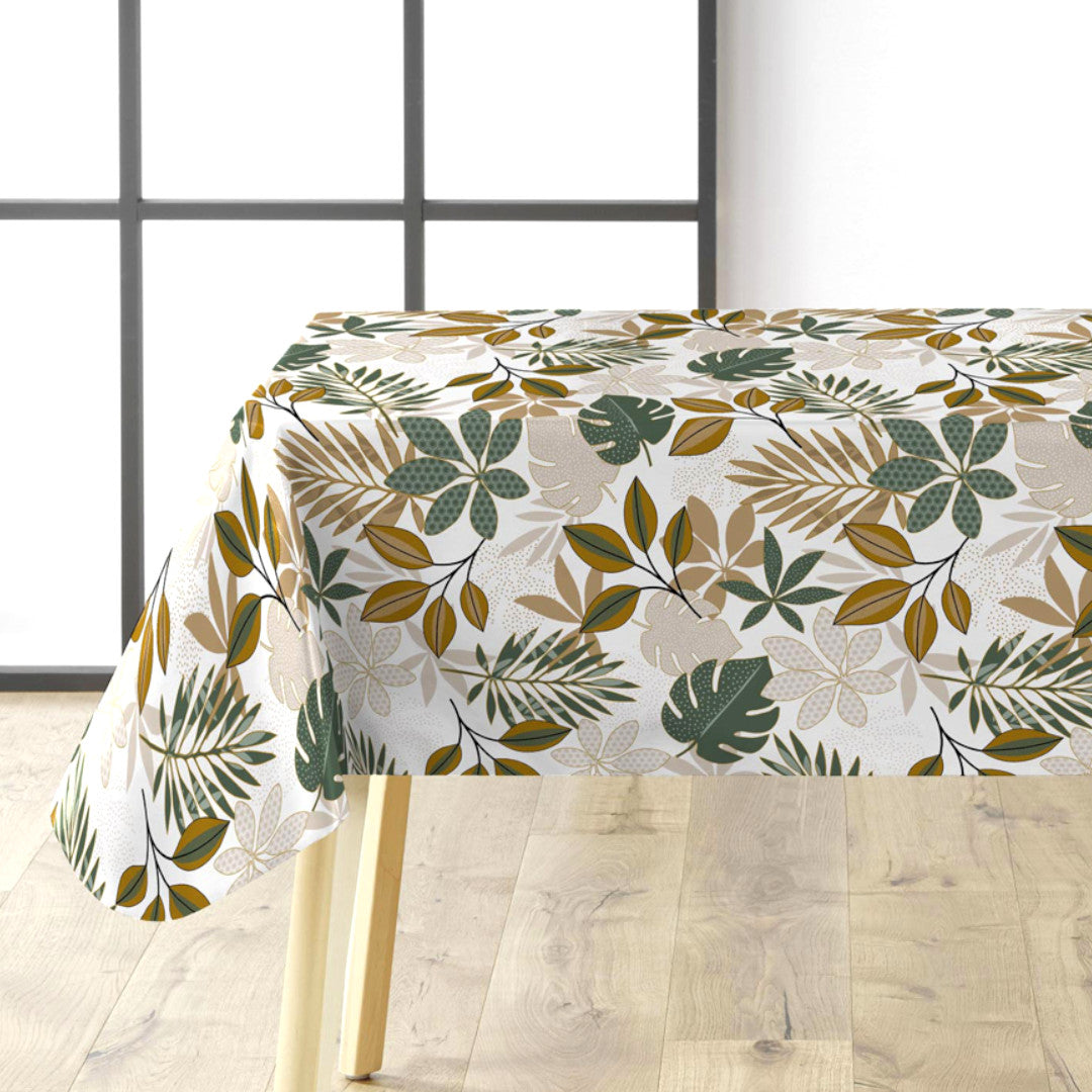 Bruinelle Green – Voksduk med bladmønster i grønt og beige på bord