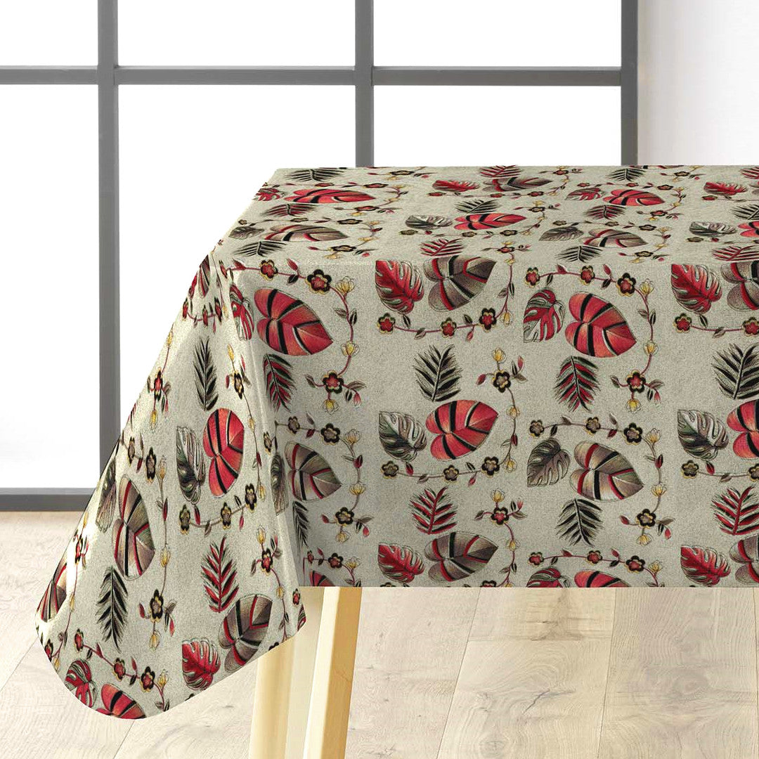 Caprice Metallic Red voksduk med metallic-blader og blomster