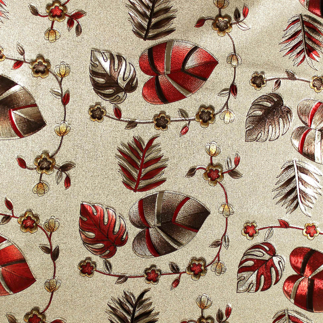 Nærbilde av Caprice Metallic Red voksduk med blader og blomster