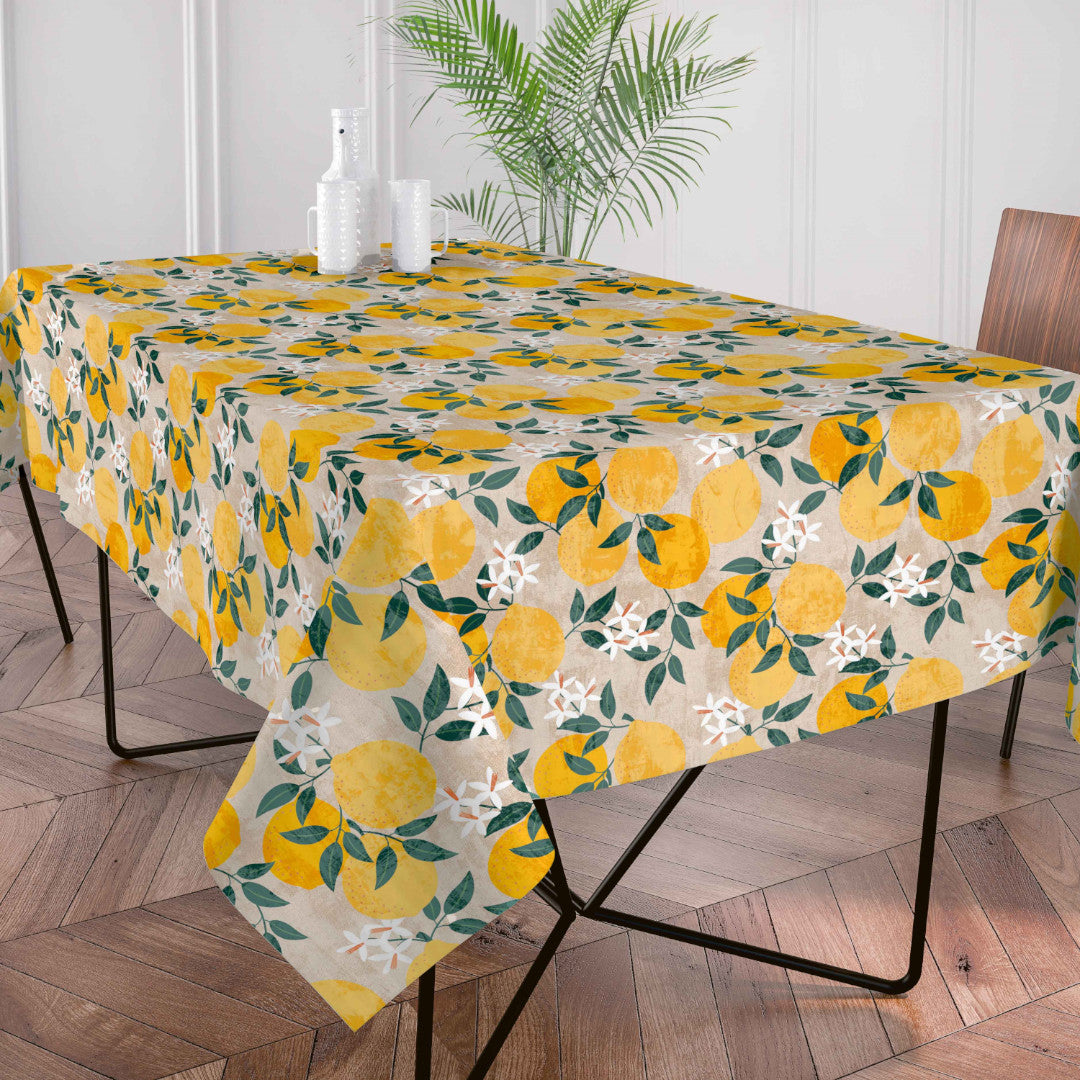 Citronlunden Lino akrylduk med sitroner og naturfarget linlook på bord