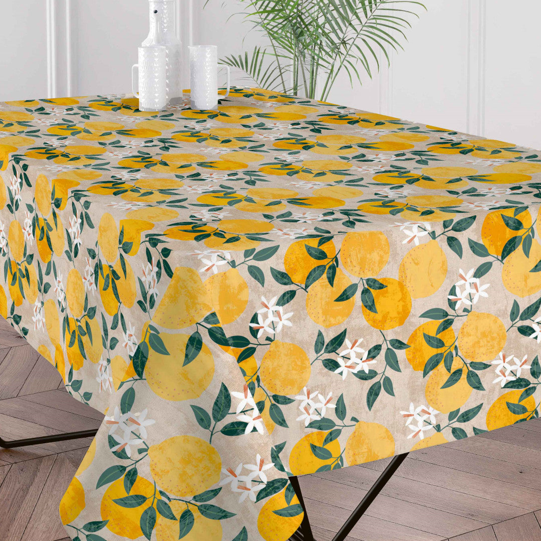 Nærbilde av Citronlunden Lino akrylduk med sitroner og linlook