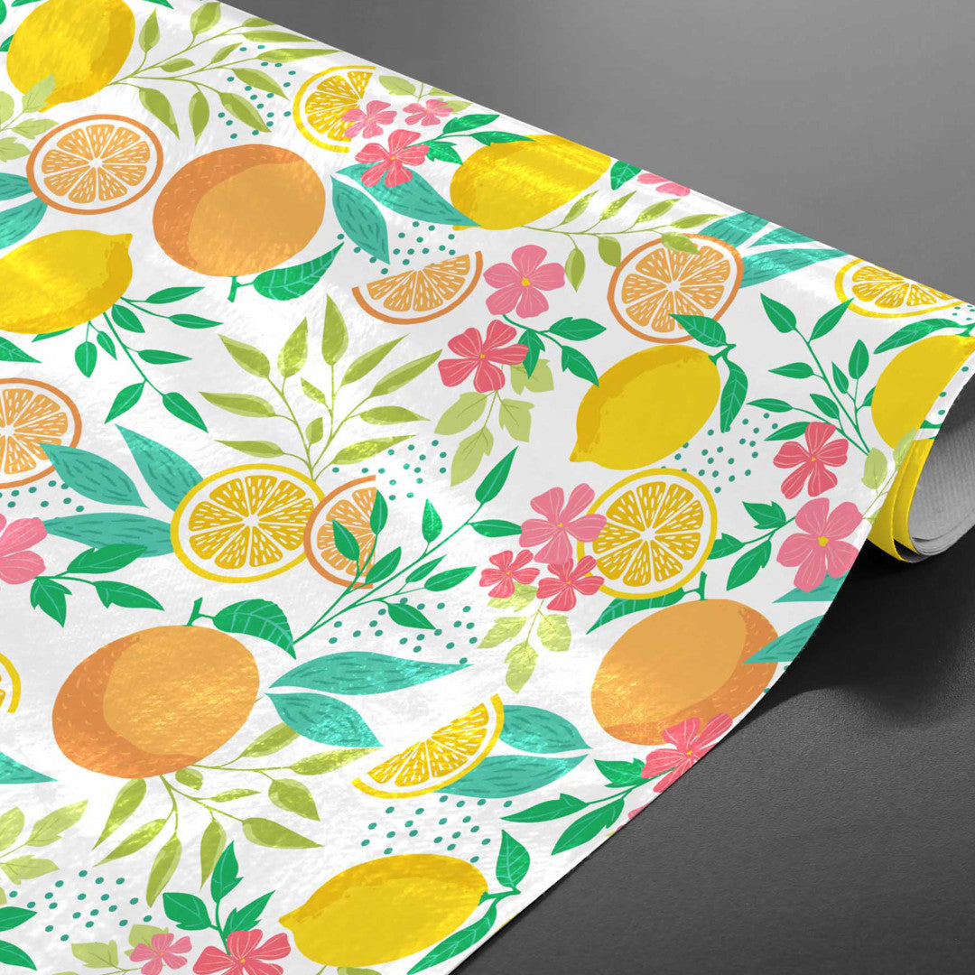 Citrus White – Voksduk med sitroner og blader