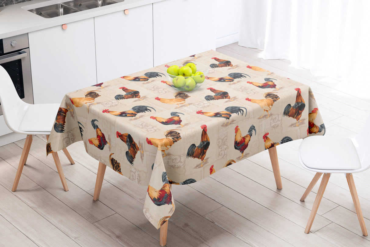 Cocorico Beige - Akrylduk med flotte haner - 155 cm bred