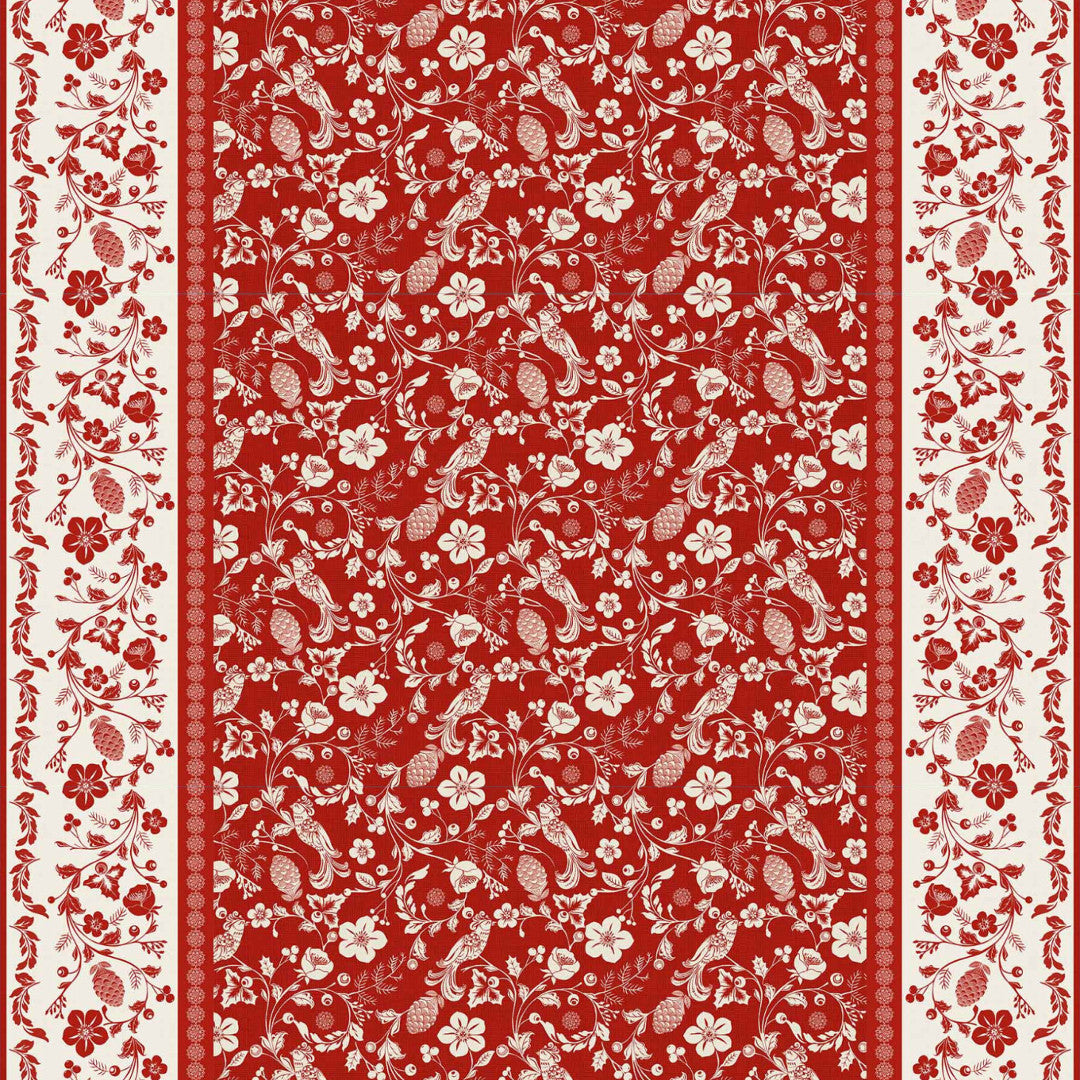 Daphne rød - Voksduk med blomster, bær og fugler