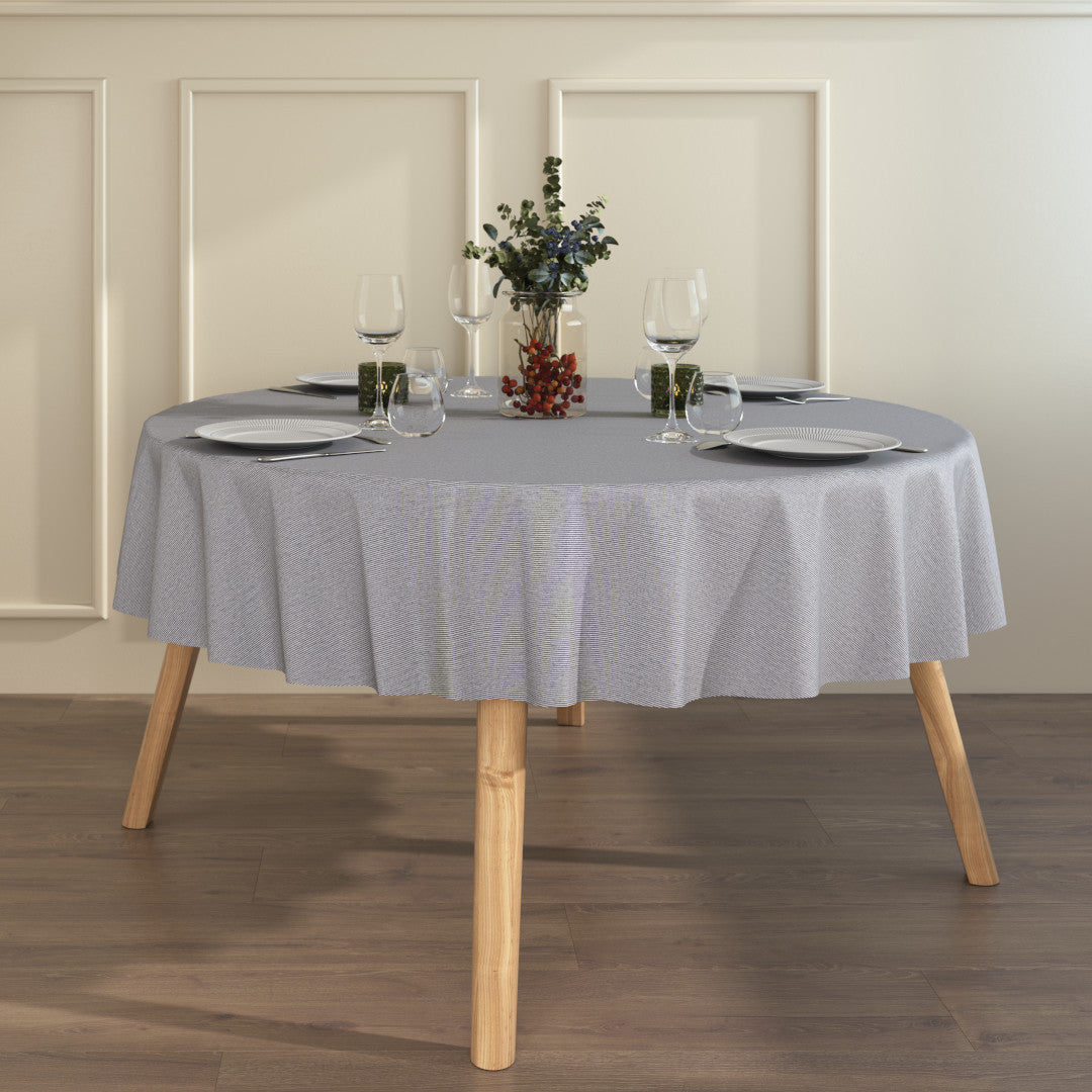 Den Nålestiplete Blå – Akrylduk i linlook med smale striper og antiskli