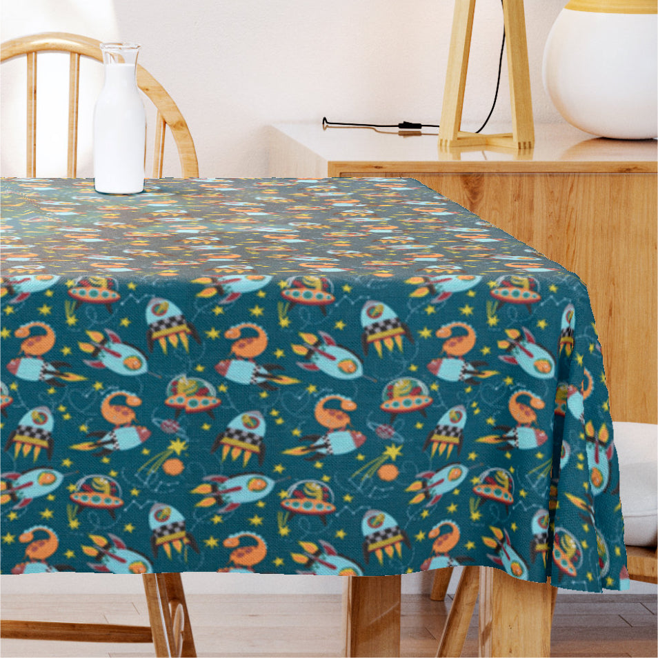 Dinofuzzy blågrønn - Akrylduk med romskip 155 cm bred