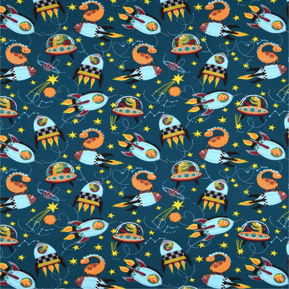 Dinofuzzy blågrønn - Akrylduk med romskip 155 cm bred