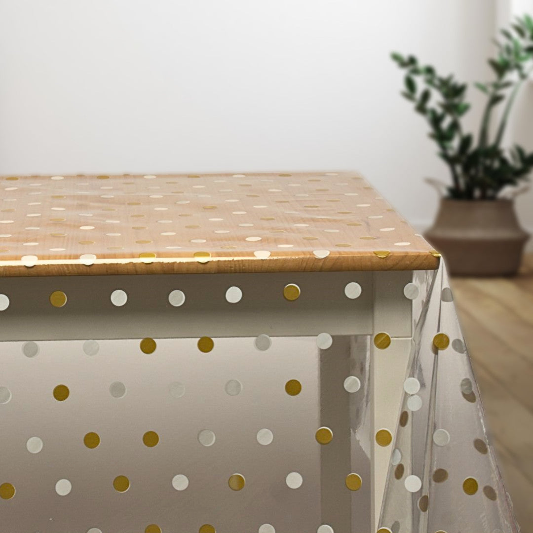 Dot Gull og Sølv, klar plastduk – Gjennomsiktig voksduk med prikker