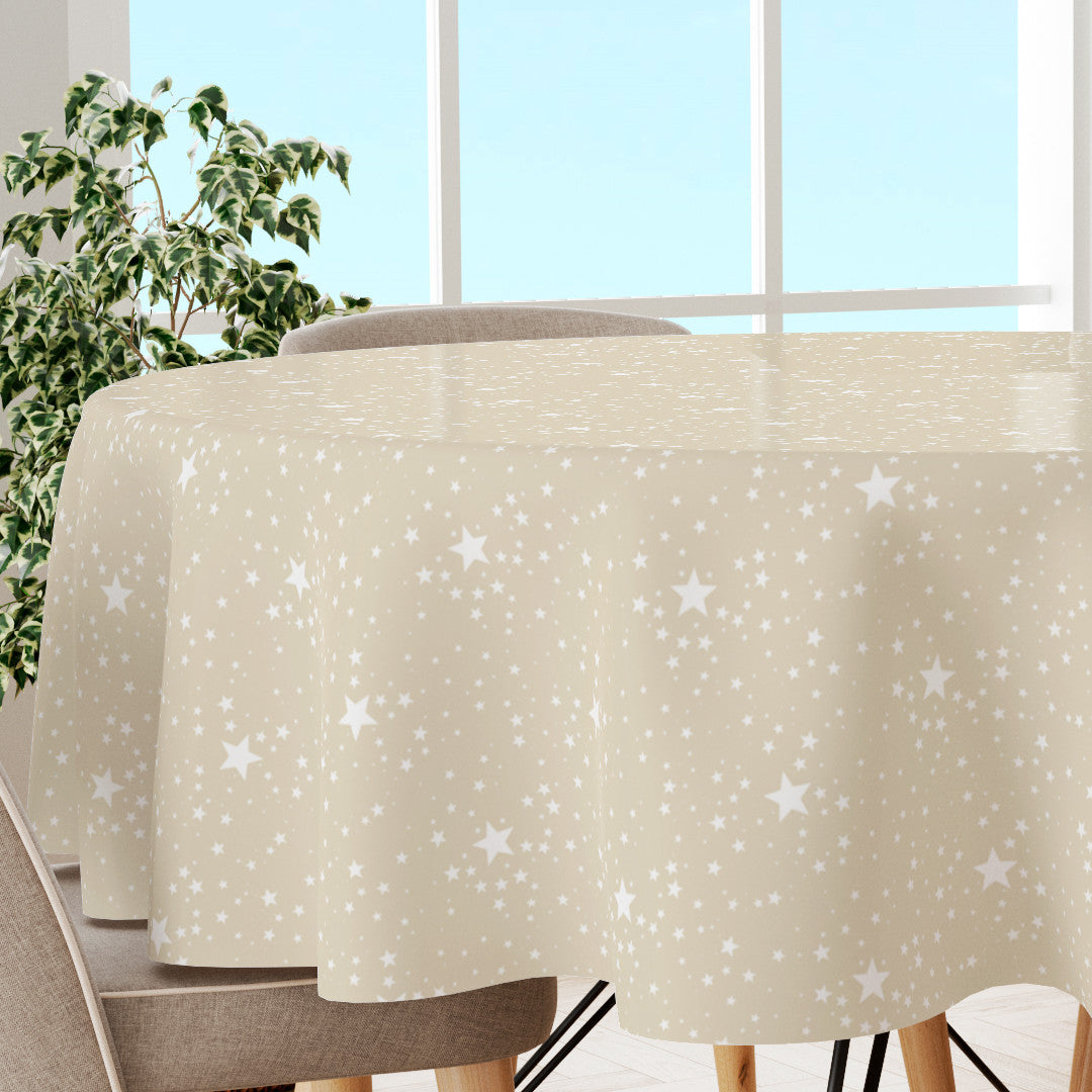 Etoiles, rund julevoksduk med hvite stjerner på lys beige bakgrunn