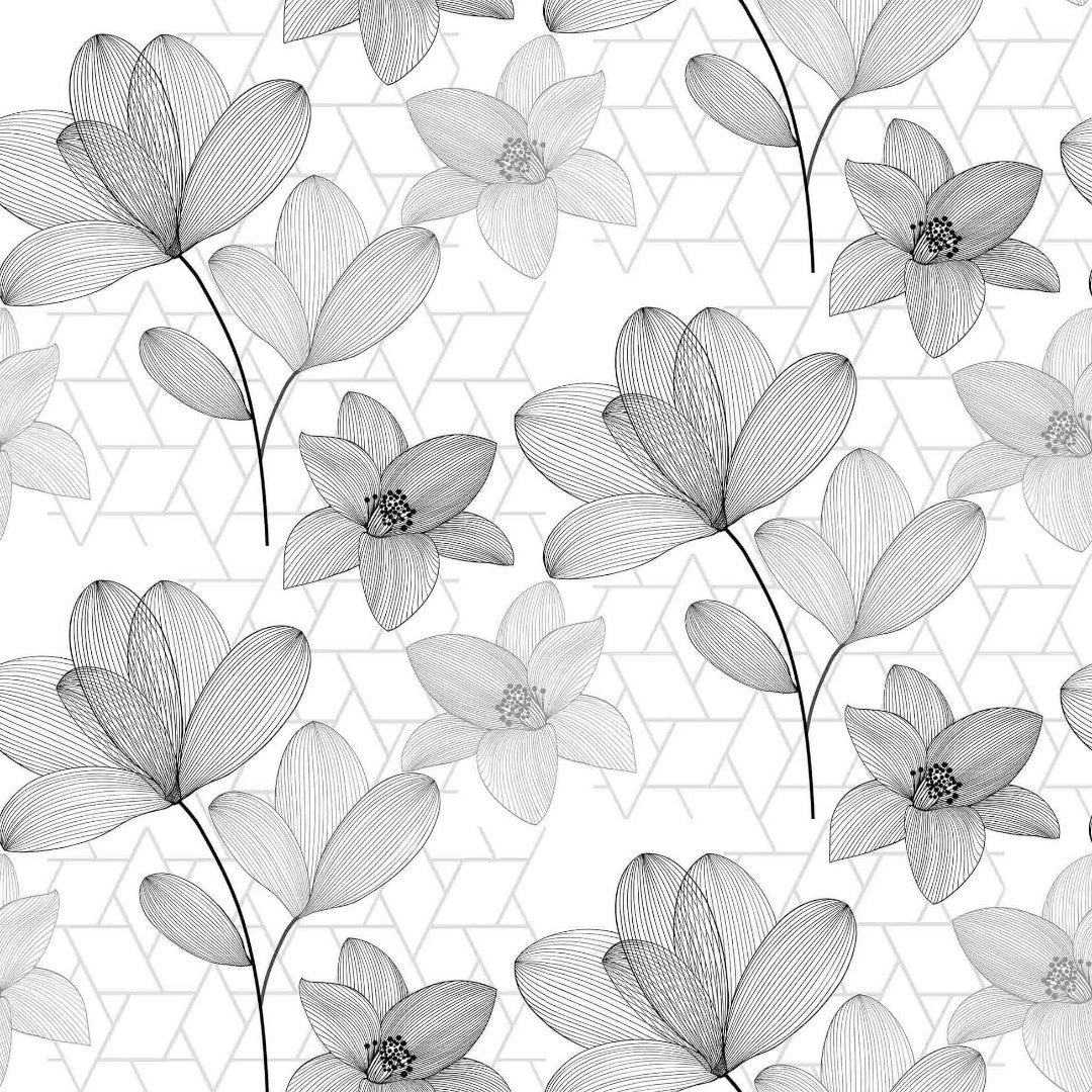 Filicity - Gjennomsiktig voksduk med strekillustrasjoner av blomster og blader, grå