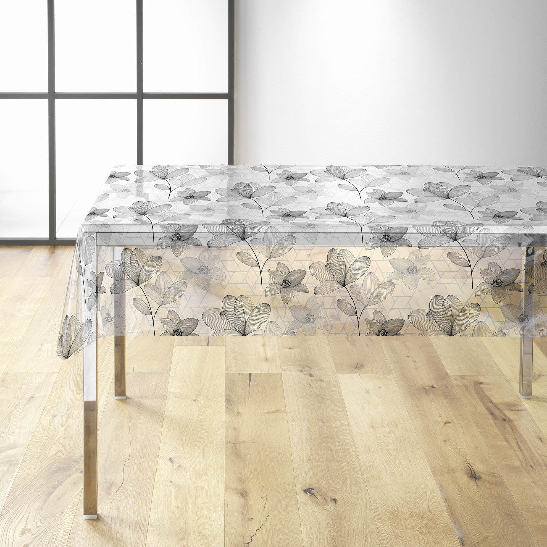 Filicity - Gjennomsiktig voksduk med strekillustrasjoner av blomster og blader, miljø