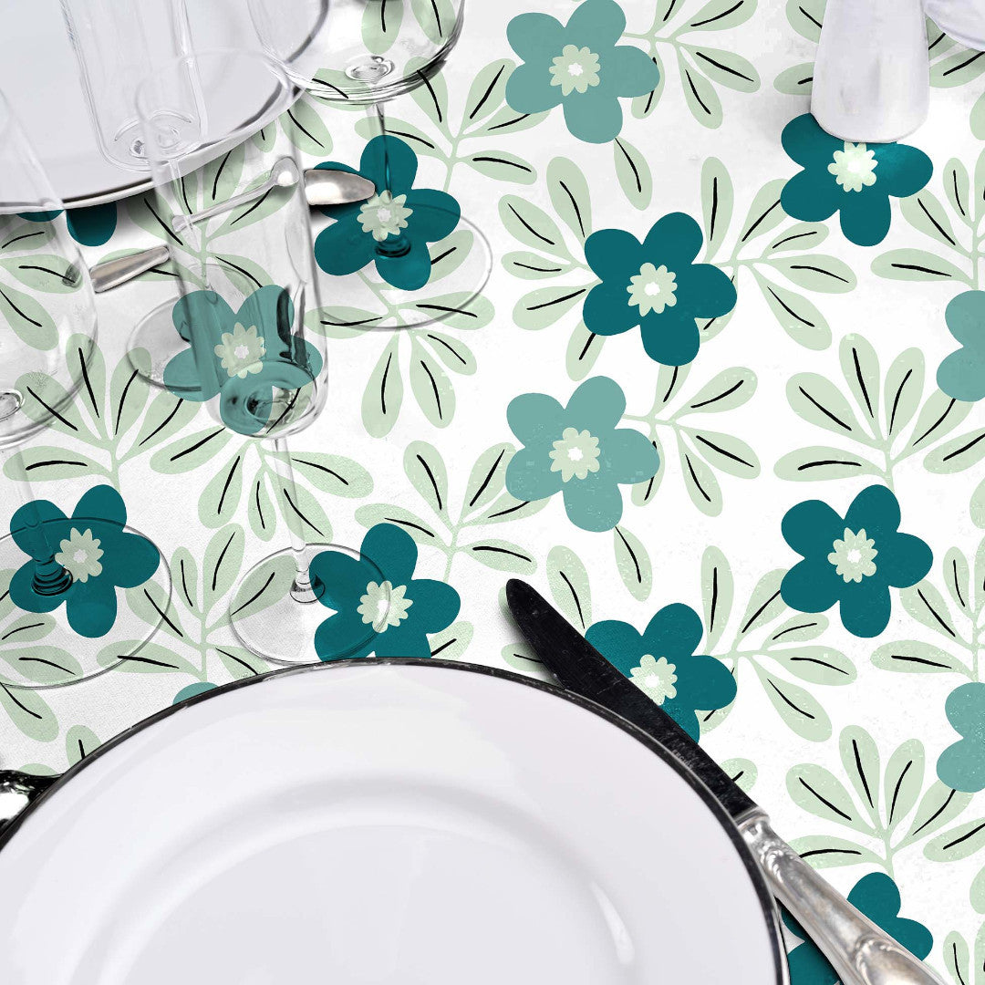 Flory Blue – Elegant voksduk med friske blå blomster, detaljer