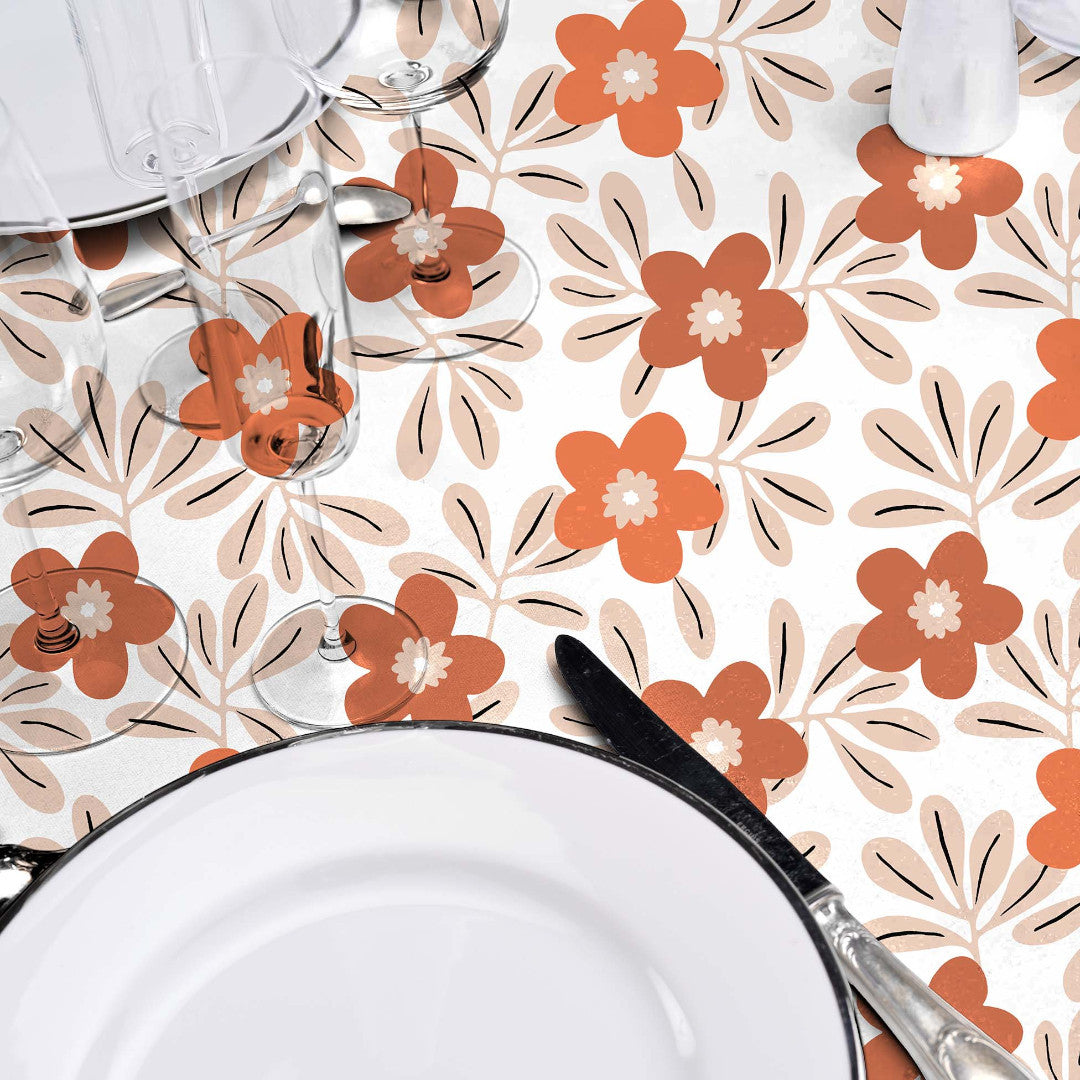 Flory Orange – Vakker voksduk med blomster i varme nyanser, miljø