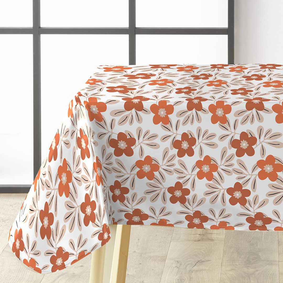 Flory Orange – Vakker voksduk med blomster i varme nyanser, hjørne