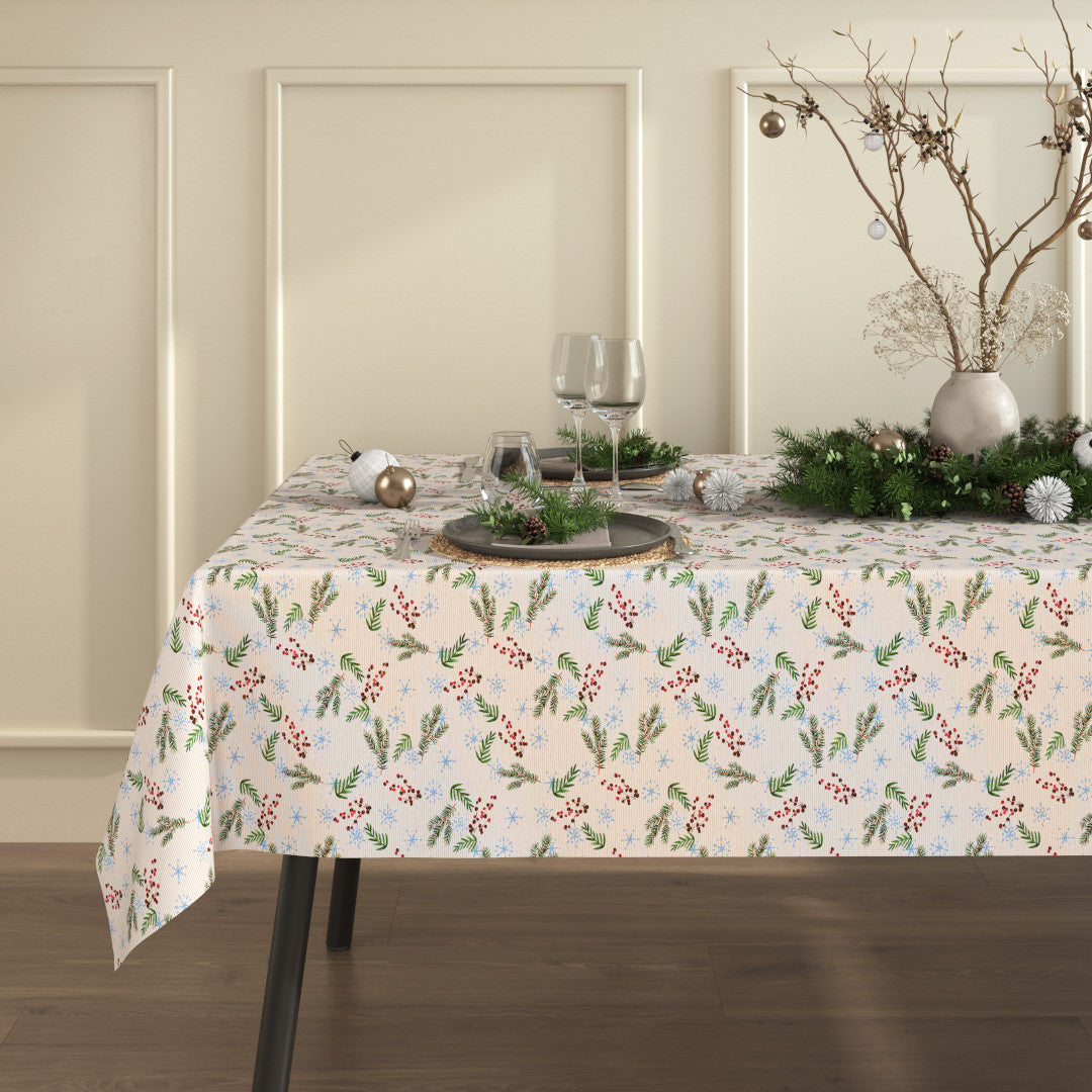 Frost og Evergreens – Rund akrylduk med jul- og vintermotiv og borddekking