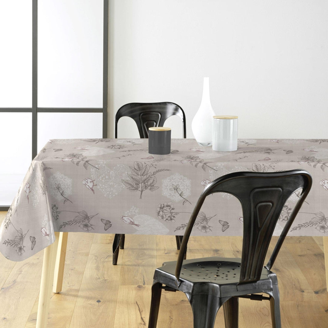 Småfugler i hagen - Lys beige voksduk med fugler, sommerfugler, blomster og blader