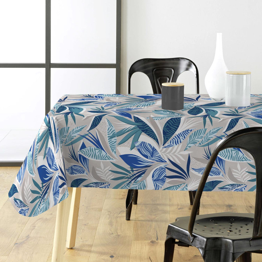 Borddekking med Funky Blue Jungle-duk og blå blader