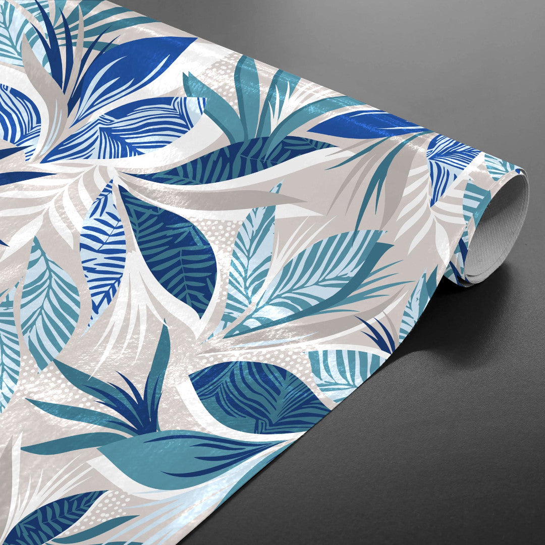 Rullet Funky Blue Jungle voksduk med livlige blå blader