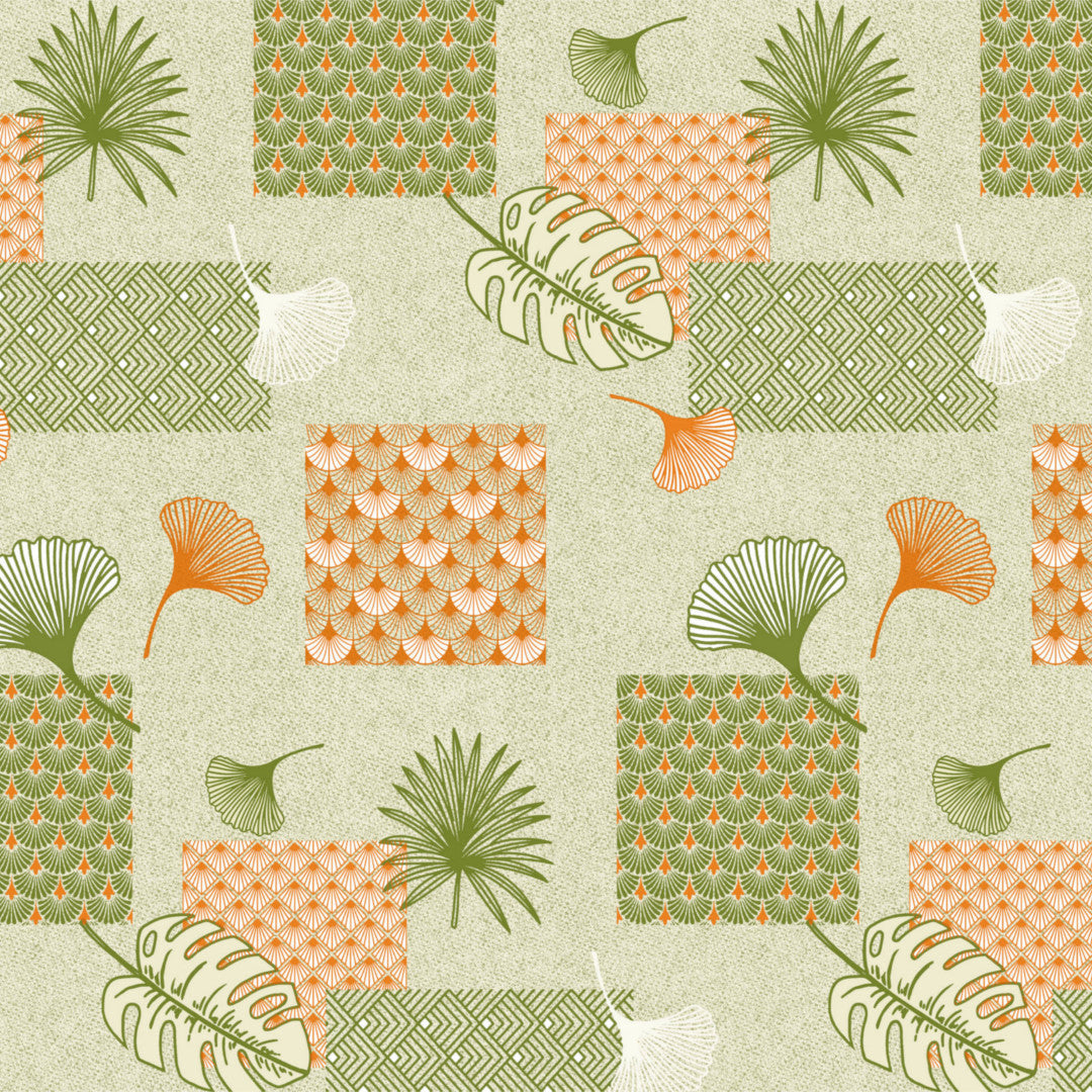 Ginkgo grønn – voksduk med blader og mønstre