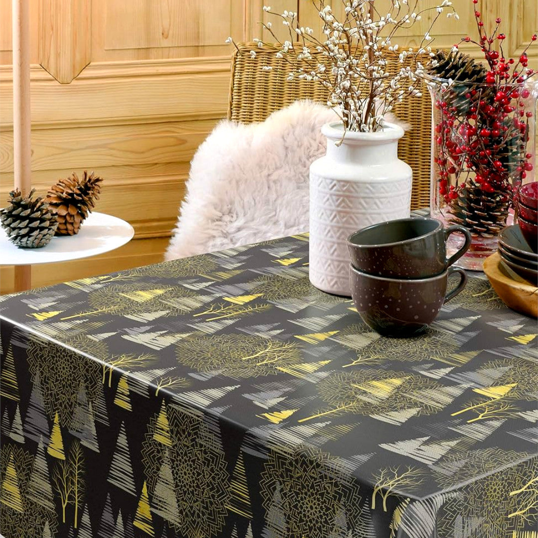 Golden Trees – Mørk grå voksduk med gyldne juletrær og trær