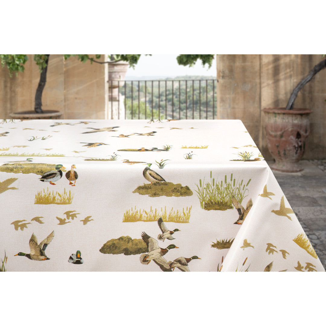 Gråender i Mosen – voksduk med naturmotiv i jaktstil, miljø